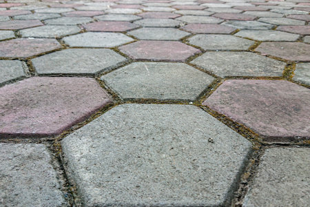 Hexagonal pavement blocks form a neat pattern with subtle shades of gray and red.