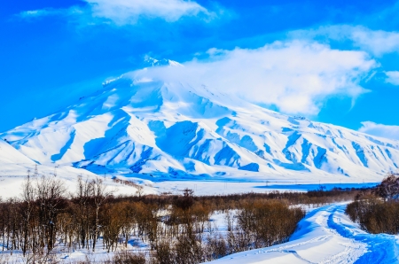 Freeride skiing on the volcanoes of Kamchatka Peninsula, Russia.の写真素材