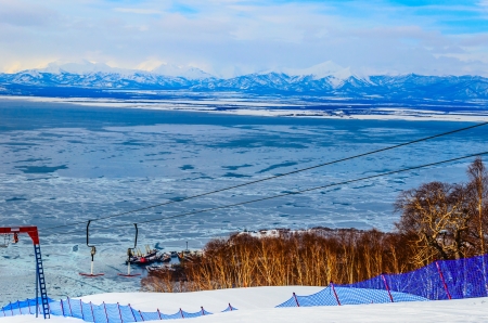Freeride skiing on the volcanoes of Kamchatka Peninsula, Russia.の写真素材