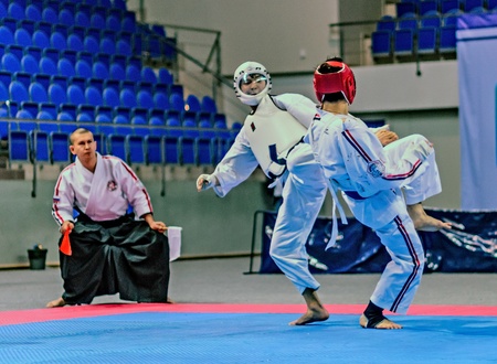 RAMENSKOYE, MOSCOW REGION, RUSSIA - APRIL 2013: the championship of Russia on sports contact karate. An unidentified athletes are on the carpet.のeditorial素材
