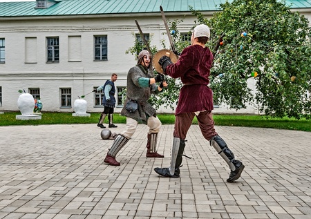 YAROSLAVL, RUSSIA - AUGUST 24: Joust is held on the territory of the monastery in the event of travel around the Golden Ring of Russia, Yaroslavl, August 24, 2013.のeditorial素材