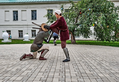 YAROSLAVL, RUSSIA - AUGUST 24: Joust is held on the territory of the monastery in the event of travel around the Golden Ring of Russia, Yaroslavl, August 24, 2013.のeditorial素材