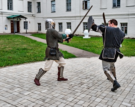 YAROSLAVL, RUSSIA - AUGUST 24: Joust is held on the territory of the monastery in the event of travel around the Golden Ring of Russia, Yaroslavl, August 24, 2013.のeditorial素材