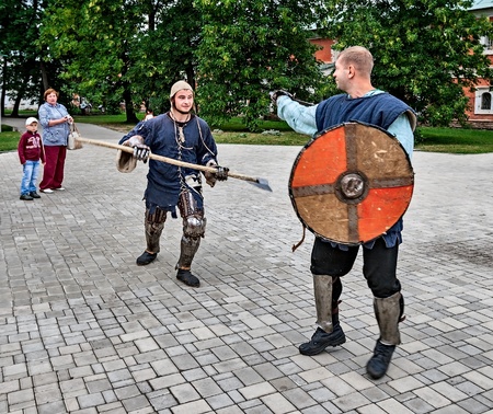 YAROSLAVL, RUSSIA - AUGUST 24: Joust is held on the territory of the monastery in the event of travel around the Golden Ring of Russia, Yaroslavl, August 24, 2013.のeditorial素材