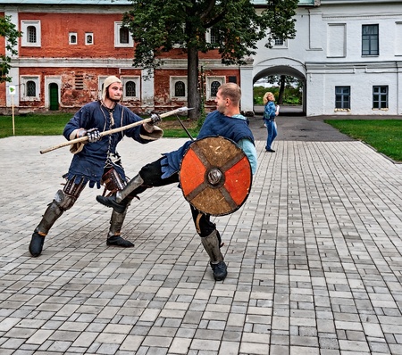 YAROSLAVL, RUSSIA - AUGUST 24: Joust is held on the territory of the monastery in the event of travel around the Golden Ring of Russia, Yaroslavl, August 24, 2013.のeditorial素材