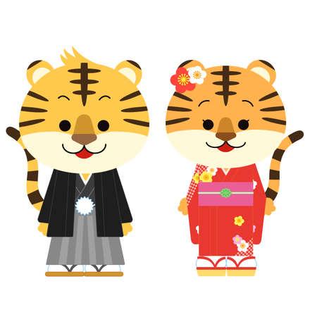 A pair of cute tigers in kimonoのイラスト素材
