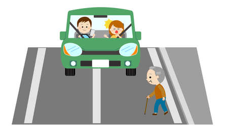 A driver who is looking at his smartphone and is unaware of pedestrians crossing the roadのイラスト素材