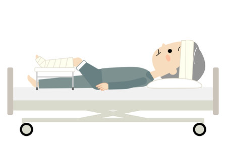 An elderly man who is hospitalized due to injury or fracture and looks uneasyのイラスト素材