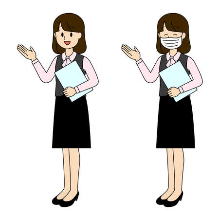 A woman in a suit holding a file and showing directionsのイラスト素材