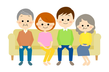 Two-generation family gathered on a sofa (spring/summer)のイラスト素材
