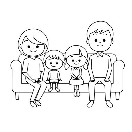 Two-generation family gathered on a sofa (line drawing)のイラスト素材