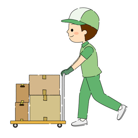 Male staff carrying luggage on a trolleyのイラスト素材