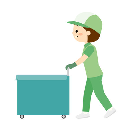 Female staff carrying luggage in a box trolleyのイラスト素材