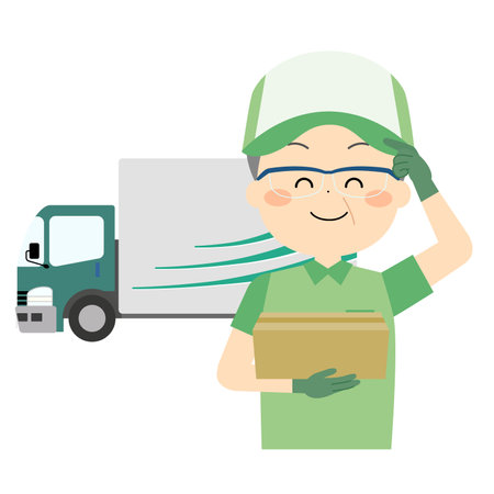 Senior male delivery man with truck and smileのイラスト素材