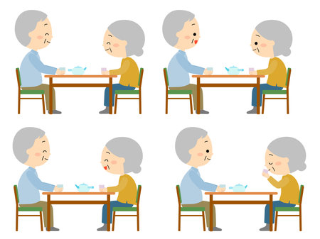 Elderly couple drinking tea while having fun at the dining table setのイラスト素材