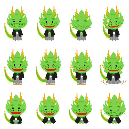 Cute dragon set wearing crested hakamaのイラスト素材