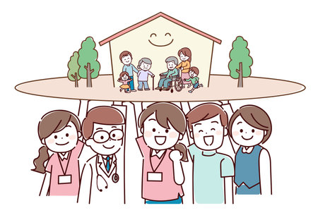 Home health care team members supporting families living in the communityのイラスト素材