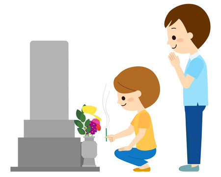 A woman trying to give incense sticks at a graveのイラスト素材