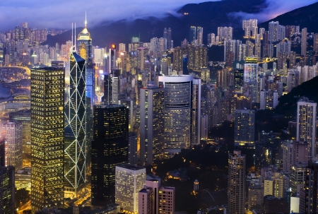 Night view over the central Hong Kong Skyline  Skyscrapers are densely crowded on Hong Kong Island の写真素材