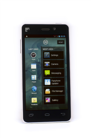 BERN, SWITZERLAND - JANUARY 21, 2014  Photo of the first edition Fairphone, the first attempt of building a fair trade smartphone, with fair labor conditions and conflict-free minerals  Released in december 2013 のeditorial素材