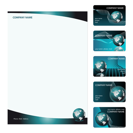 Set of five blue business cards and stationery sheet. Global Swatches Included.のイラスト素材
