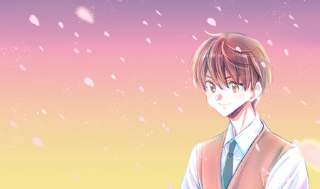 Students fluttering in the wind, smiling, cherry blossom blizzard