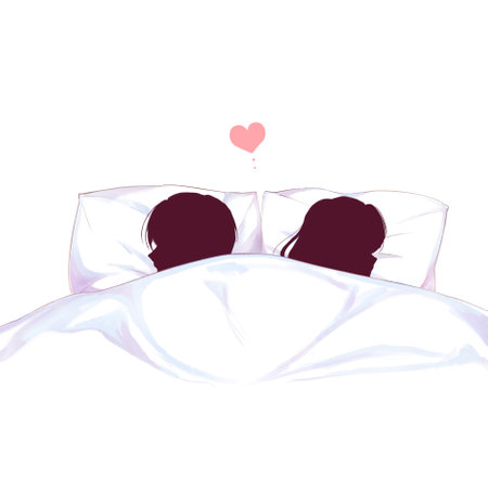 Shadow picture of a man and woman fidgeting in bedの写真素材