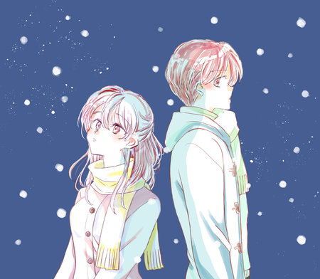 Back to back man and woman in lonely winter snowの写真素材