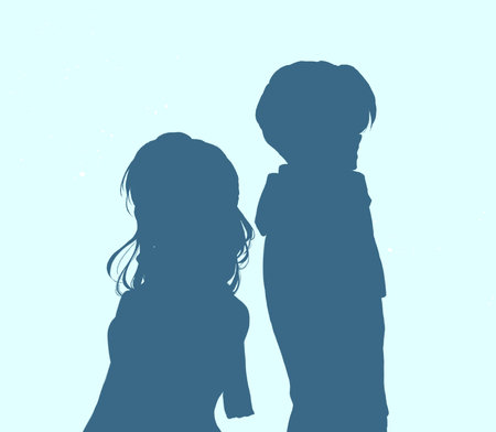 Back to back men and women lonely winter silhouetteの写真素材