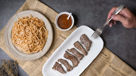 Korean food, Grilled beef and noodle with spicy sauceの写真素材