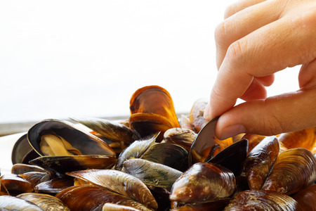 Image in closeup of a male hand in a plate with delicious steamed musselsの写真素材