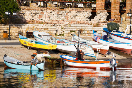 Nesebar, Bulgaria - May 19, 2015: View of the southern harbor of the old town of Nessebar with...
