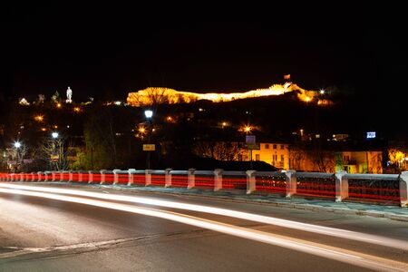 Lovech, Bulgaria - November 14, 2015: View to Varosha the old town of Lovech and the Lovech fortress by night, Bulgaria.のeditorial素材