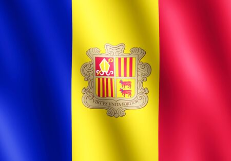 Flag of Andorra waving in the wind giving an undulating texture of folds in the fabric. The Image is in the official ratio of the flag - 7:10.の写真素材