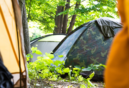 View through an open tent door of a campsite under leafy green trees with other closed tents visible pitched in the shade in a concept of adventure and a healthy active lifestyleの写真素材