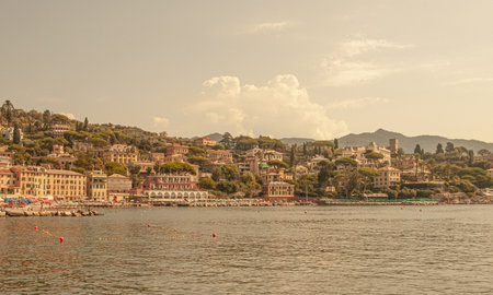 View of Portofino from the sea on a hot summer day.の写真素材
