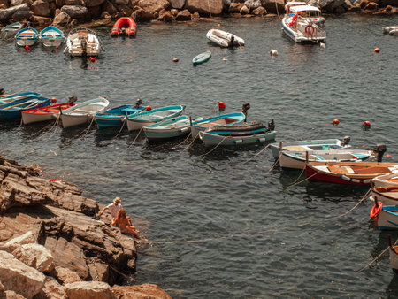 Fishing boats in the bay of Cala Figuera, Sardiniaの写真素材