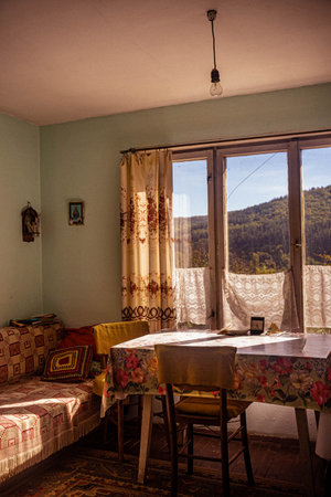 The interior of an old house in the mountains.の写真素材