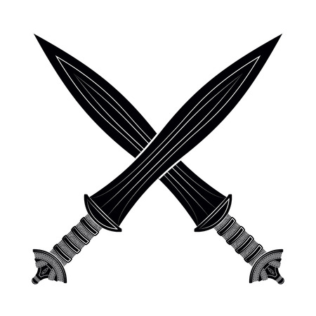 Two Crossed Gladius Sword Silhouette on White Background. Medieval Weapons. Collection of Edged Weaponsのイラスト素材