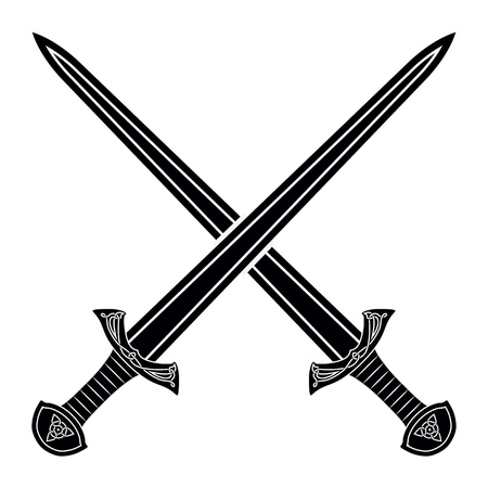 Two Crossed Gladius Sword Silhouette on White Background. Medieval Weapons. Collection of Edged Weaponsのイラスト素材