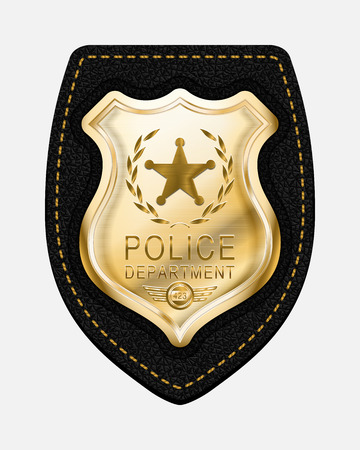 Police Badge. Realistic Vector Golden Police Badge Placed on Leather Backgroundのイラスト素材
