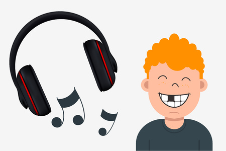 Joyful Boy with Missing Tooth Listening to Music. Headphone and Musical Notesのイラスト素材