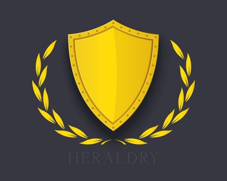 Heraldic Gold Shield with Wreath Sign Vector Illustration. Symbol and Emblem of Security and Protect.のイラスト素材