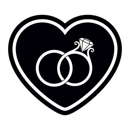 Valentine's Day, Wedding, Anniversary or Engagement Congratulations. Heart Silhouette with Wedding Rings. Vector Illustrationのイラスト素材