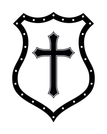 Christian Cross and Shield of Faith. Religious Symbol. Creative Christian Icon. Protection, Safety, Security Sign. Black and Whiteのイラスト素材