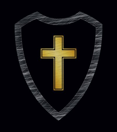 Christian Cross and Shield of Faith.  Religious Symbol. Creative Christian Icon. Protection, Safety, Security Sign. Grunge Styleのイラスト素材