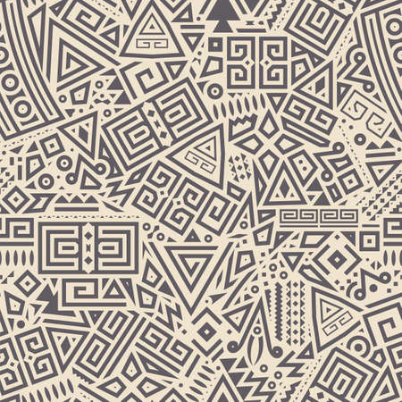 Tribal Seamless Pattern. Monochrome Ethnic Geometric Vector Background. Aztec, Mayan or Inca Styleのイラスト素材