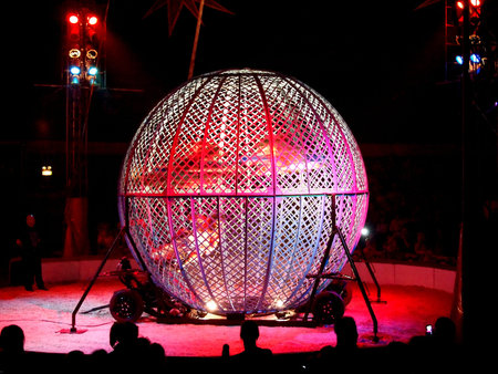 Zippos Circus, 01/09/2011 Globe of Death containing three motorcycles