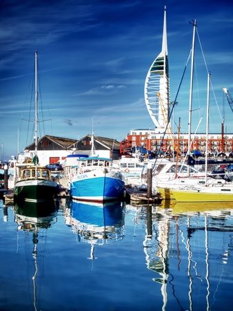 Camber Docks, Portsmouth, 2012, fishing boats berthed in front of the spinnaker towerのeditorial素材