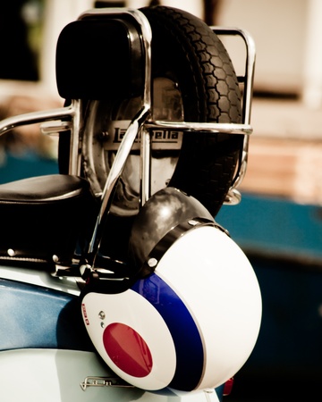 Scooter helmet on a lambretta, Portsmouth, April 2012のeditorial素材